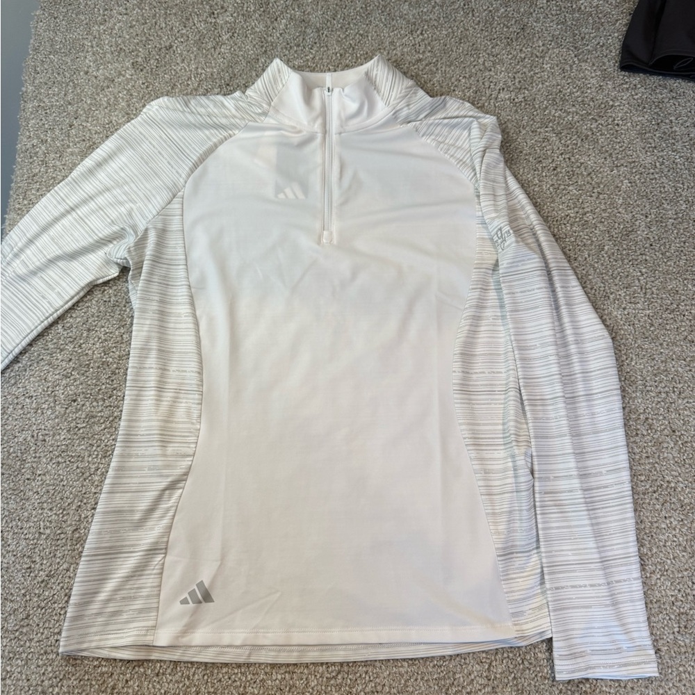 Womens Adidas Striped White and Gray pullover - Quarter zip- NWT- size Large